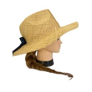 Talbots Tan Straw Sun Hat with Wide Brim & black grosgrain bow